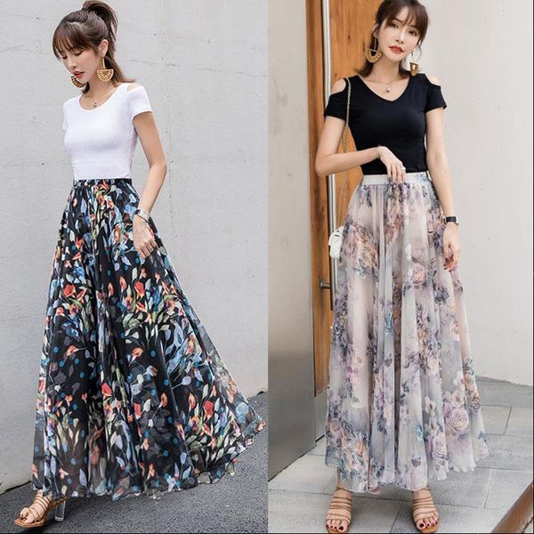 

womens skirts tingyili long skirt boho beach skirt floral print chiffon women skirt drop shipping good quality, Black