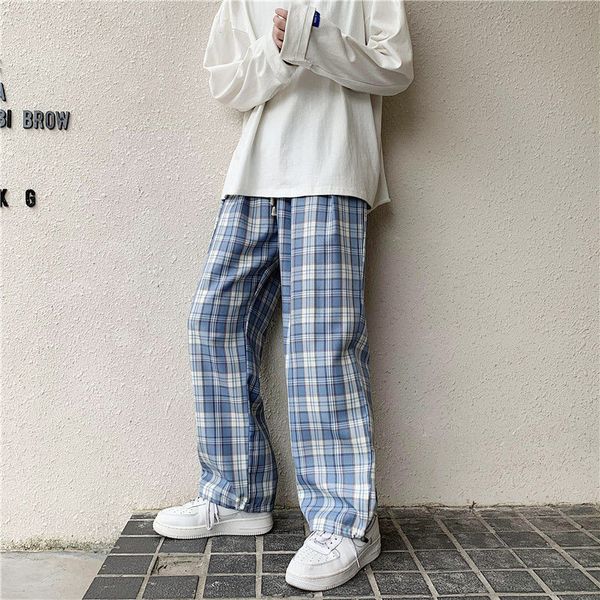 

new 2021 spring printing male plaid vintage cargo pants blue clothes/black elastic waistline s-3xl hlpg