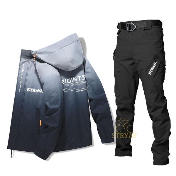 

racing sets autumn men's cycling set strava bicycle clothing hooded jacket hard-wearing mtb trousers for men outdoor sport suits, Black;blue