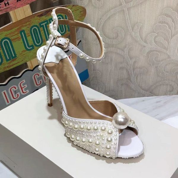 

summer new design women sandals genuine leather shoes pearl decor open toe shoes high heels new luxury brand designer woman shoe, Black