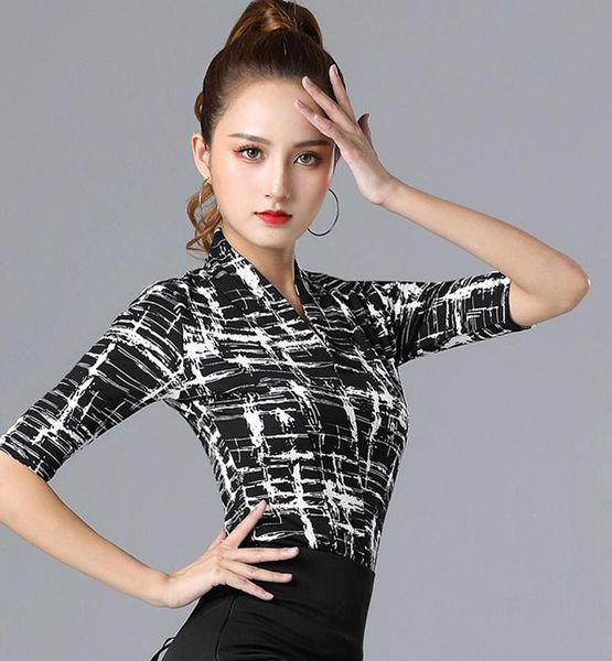 

women's t-shirt latin dance practice women modern costume v-neck ballroom national standard shirt, White