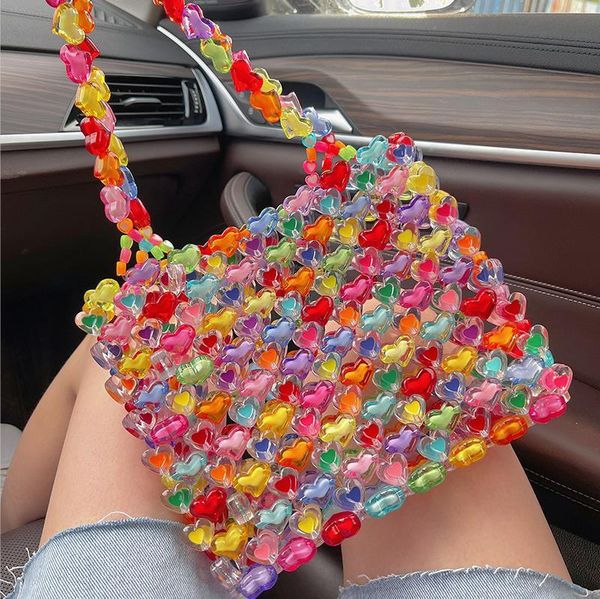 

storage bags 2021 chic female fashion bag portable multipurpose heart-shaped beads handbag for women outdoor shopping