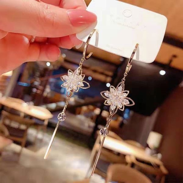 

silver needle zircon flower fashion tassel earrings for women, Black