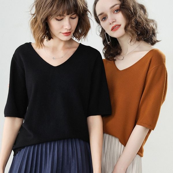

2021 women's cashmere v neck short sleeve knitted pullover tee base t loose wool cashmere sweater plus size women jumper 210306, White