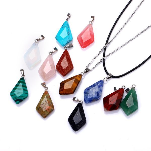 

rhombus natural crystal rose quartz faceted stone pendant necklace chakra healing jewelry for women men, Silver