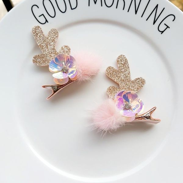 

boutique 10sets fashion glitter reindeer ears hairpins sequin floral fur pom pom animal ears hair clips xmas new year headwear, Slivery;white