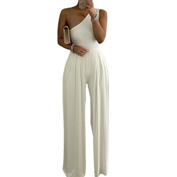 

women's pants & capris women one shoulder solid jumpsuit summer elegant wide leg romper fashion sleeveless loose beach party overalls d, Black;white