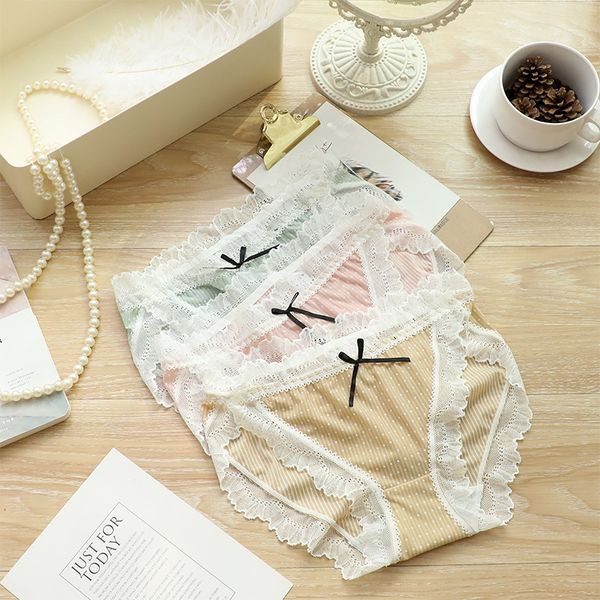 

ice silk underwear girl polka-dotted sweet japanese lace edge high slit slim fit summer thin mid-waist briefs, Black;pink