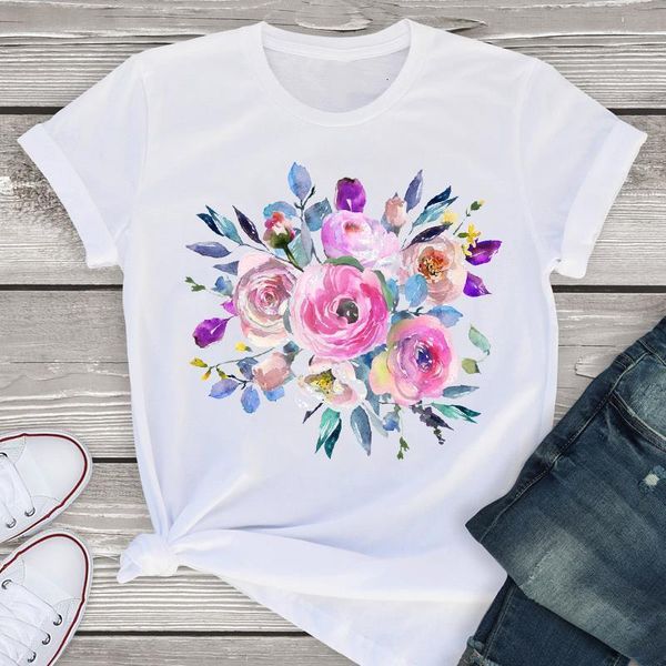 

women graphic short sleeve summer watercolor flower elegant fashion shirt tees clothing female t shirt womens t-shirt, White