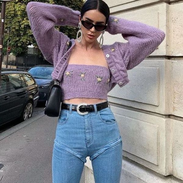 

strained cardigan woman's sweater spaghetti tank belt and nightgown joint fall fashion embroidered sweet pull femme 3yck, White;black