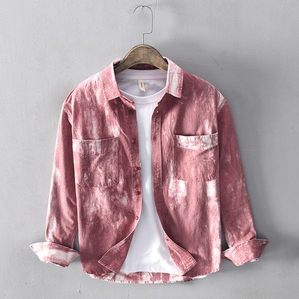 

2021 new tie-dyeing process brand long sleeve autumn for men casual red shirts male fashion cotton shirt mens wene, White