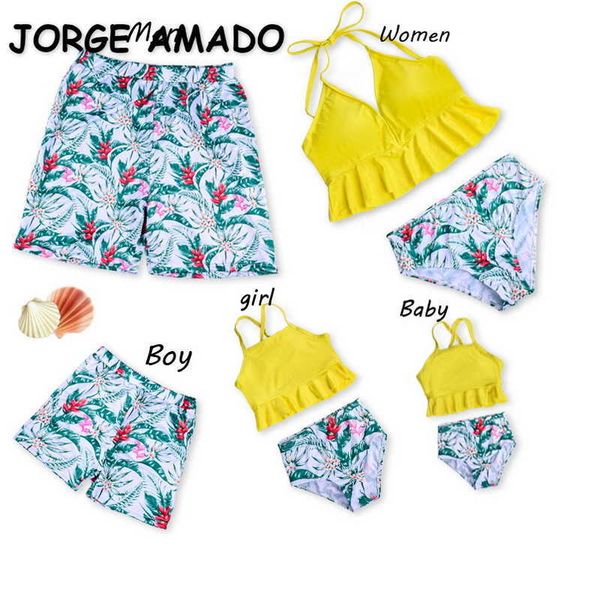 

summer family matching 5-pcs sets swimsuit+ floral trunks mom dad baby boys girl clothes e09 210610, Blue