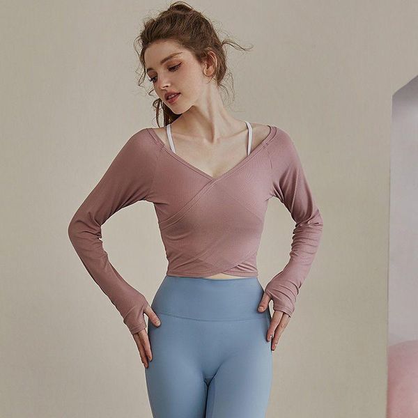 

yoga outfit women's fall v-neck wear slimming beautiful back long-sleeved running professional gym fitness sports t-shirt