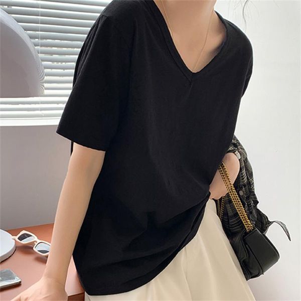 

women's t-shirt hzirip 2021 summer solid v-neck plus size s-xl short sleeves chic soft simple loose basic all match casual femme t-shi, White