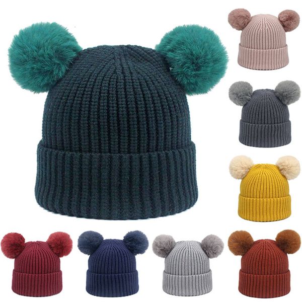 

children's winter beanies boys girls knit solid color two pom-pom hat thick warm kids 0-5 years old skullies, Yellow