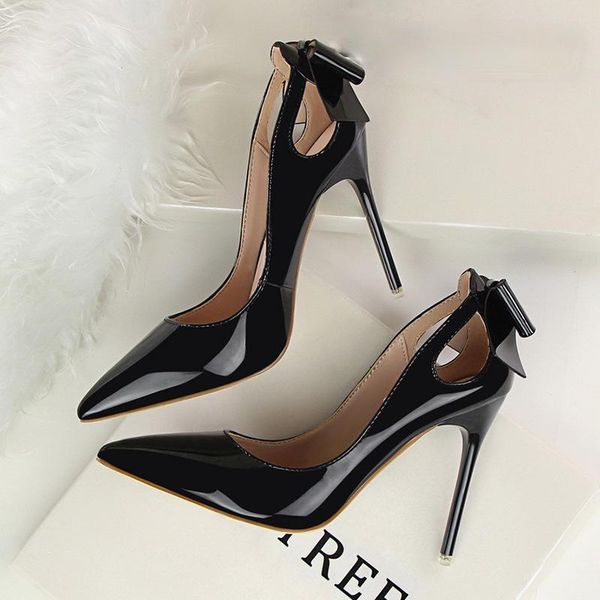

dress shoes patent leather women pointed high heels ladies 2021 bow stiletto, Black