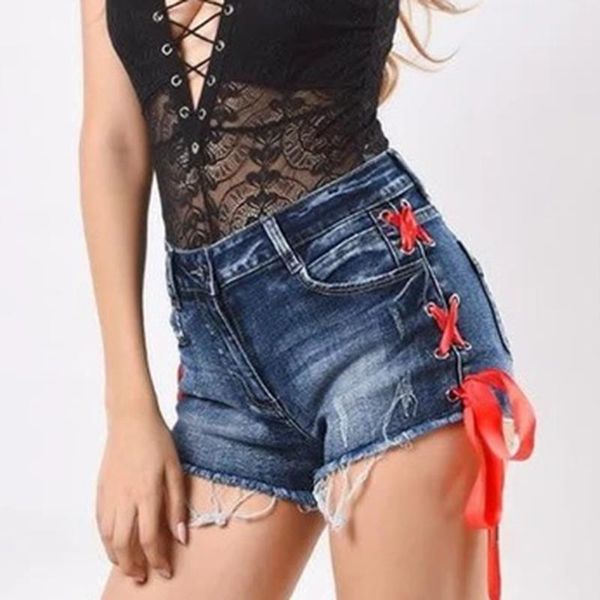 

women's jeans slim denim shorts fashion tassel casual cowgirl drawstring, Blue