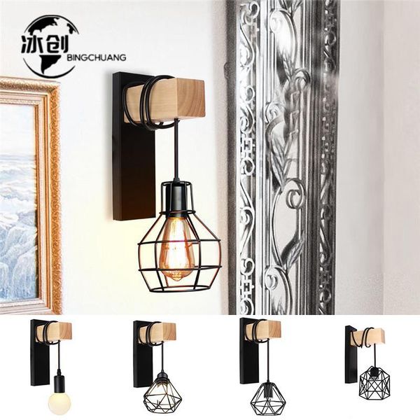 

modern wood arm wall lamp sconce iron cage retro wall light indoor lighting fixture for bedroom kitchen bar cafe shop home decor