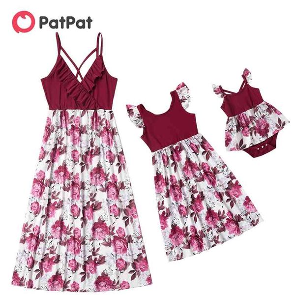 

summer mommy and me floral print splice solid tank dresses 210528, Blue