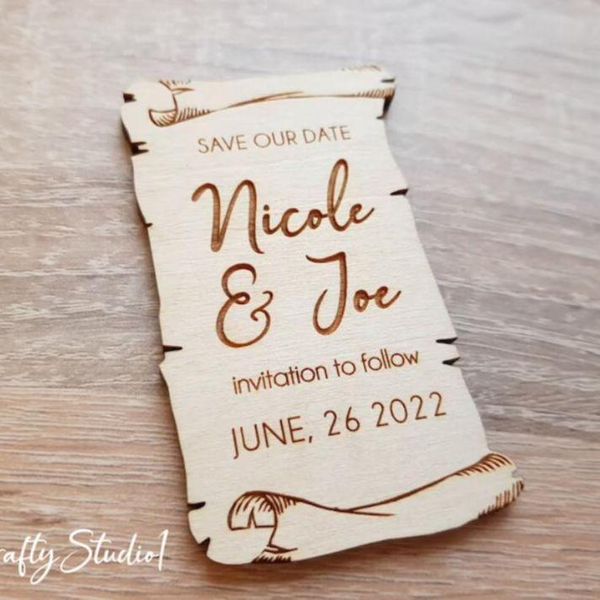 

fridge magnets wedding save the date magnets, wooden magnet , scroll old paper