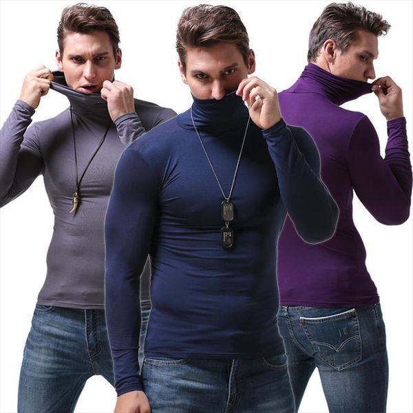 

long sleeve turtleneck modal men t shirts tight elastic tees soft and breathable, White;black