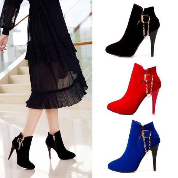 

boots kolnoo arrival handmade ladies high heels chains faux kid-suede ankle booties large size fashion evening party shoes, Black