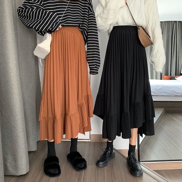 

bella philosophy spring korean skirt women high waist asymmetrical midi elastic pleated skirts female casual fashion tide 210225, Black