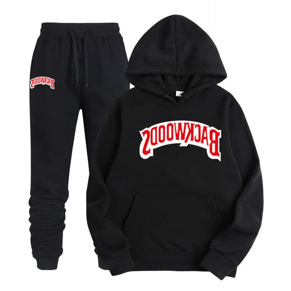 

spring autumn bawoods 2021 printed men's hip hop hoodie and sweater set, Black