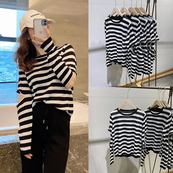 

careful machine net red fried street stripe t-shirt off shoulder female 2021 spring loose lazy wind knitted sweet and spicy jazz top, White