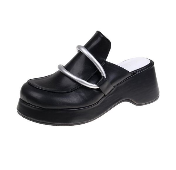

fashion slippers platform shoes bottom toe cap half support female 2021 spring and summer, Black