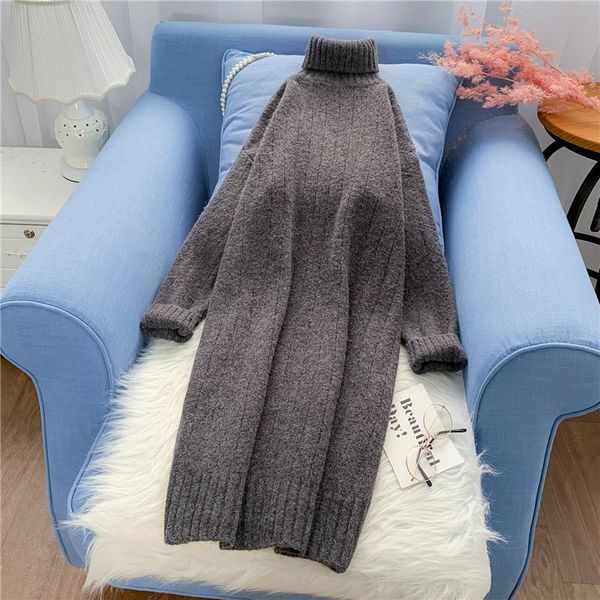

casual dresses 2021 winter turtleneck solid knitted women thicken fleece warm lady quality, Black;gray