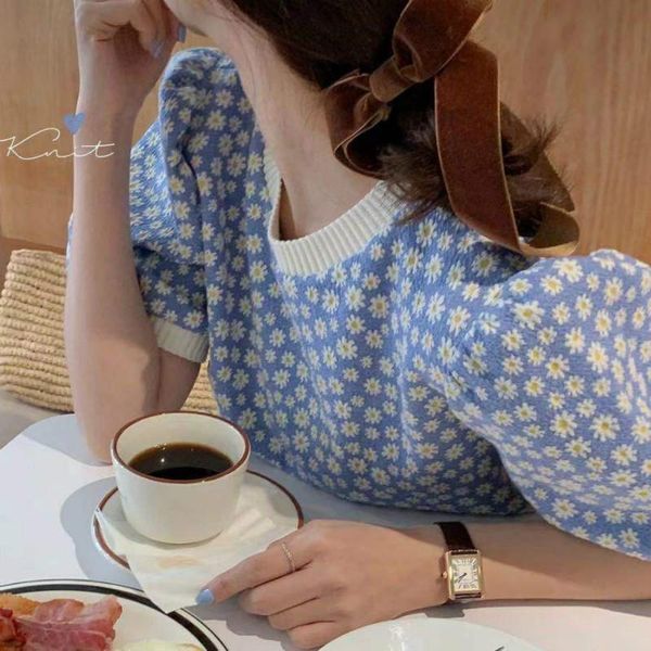 

women's t-shirt explosive sweet little daisy round neck puff sleeve knit sweater 2021 summer short, White