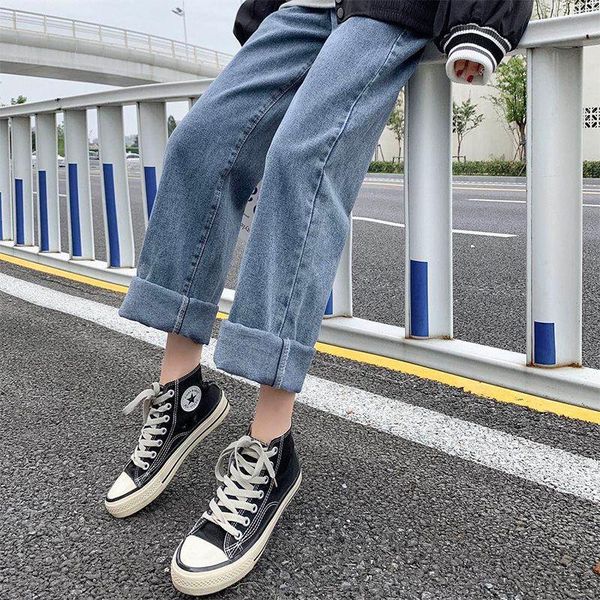 

woman jeans pants high waist autumn and winter loose straight jeans, Blue