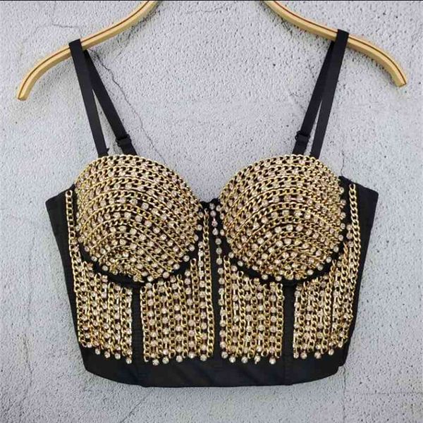 

chain drilling women's fashion sleeveless push up night club bralette metal outer wear bustier crop l544 210527, Black;gray