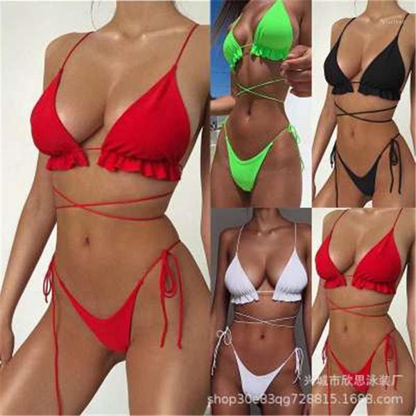 

long rope swimwear fashion trend gather chest bras briefs split bikini swimsuit summer female new beach triangle bikini womens solid colors, White;black