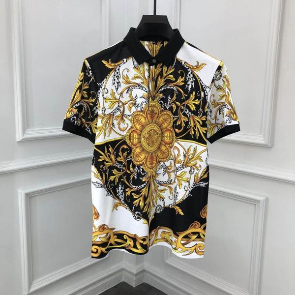 

men's polos summer chic lapel short sleeves tee floral print shirts c628, White;black