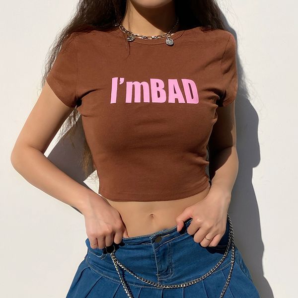 

letter print brown short sleeve cropped tshirt women casual summer y2k basic t-shirt streetwear fashion tee shirts, White