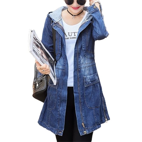 Frühling Herbst Denim Jacke Frauen Koreanische Lose Lange Jeans Jacke Reißverschluss Plus Größe Mit Kapuze Grundlegende Mantel 3XL 210922
