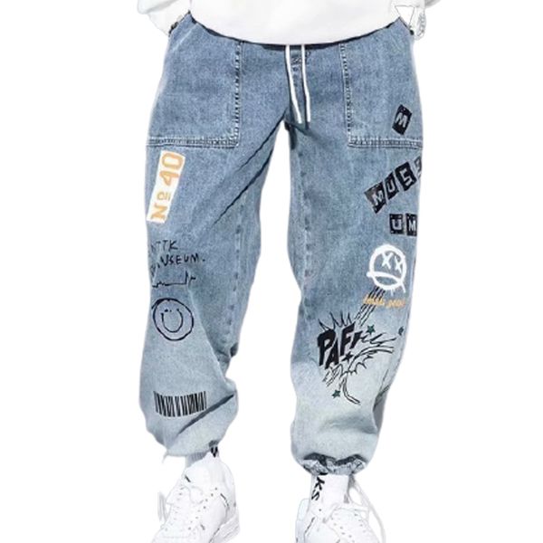 

fashionable mens casual pants letter printing graffiti cartoon trend gradient drawstring pants loose sweat pants harem sizes 42, Blue