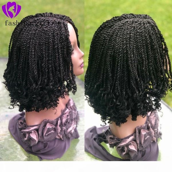 

fashion black brown blonde ombre color braided kinky twist wig handmade short braided wig for black women. micro twist wig with curly tips