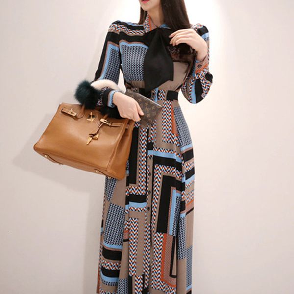 

2021 spring new women vintage print long dress ankle-length fit and flare swing dresses casual boho style ol vestidos sly5, Black;gray