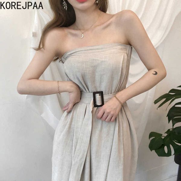 Korejpaa Frauen Jumpsuits Sommer Korean Chic Damen Französisch Sexy Tube Top Zwei-Wear High-Waisted Wide-Leg Casual Overall 210526