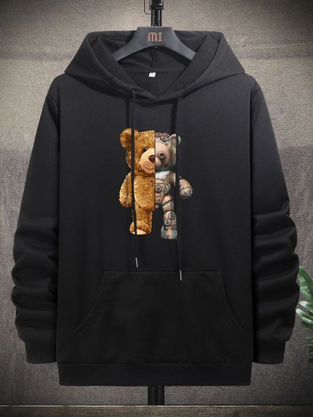 

men bear doll print kangaroo pocket drawstring hoodie w9up#, Black