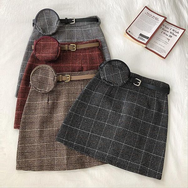 

skirts retro college style high waist a-line short skirt female autumn 2021 young girls student korean plaid with pack, Black