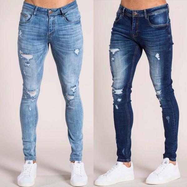 

men's jeans mens pants with holes leggings men slim fit punk clothes clothing, Blue