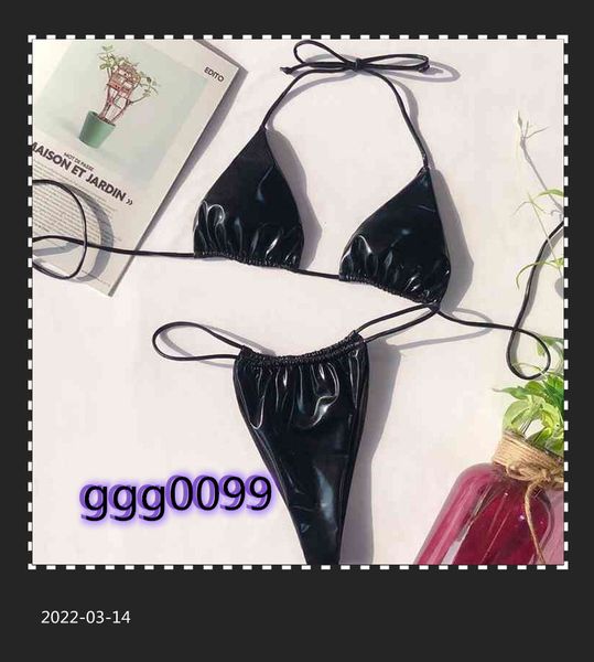 

2021 shiny leather micro mini female string halter swimsuit thong monokini bikinis biquini swimming suit girlin