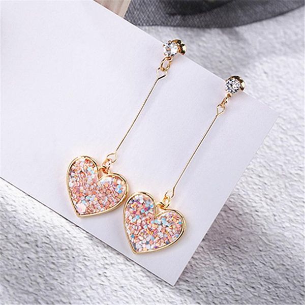 

dangle & chandelier korea small fresh pink sequin love earrings for women sweet crystal heart long female jewelry oorbellen pendientes boho, Silver