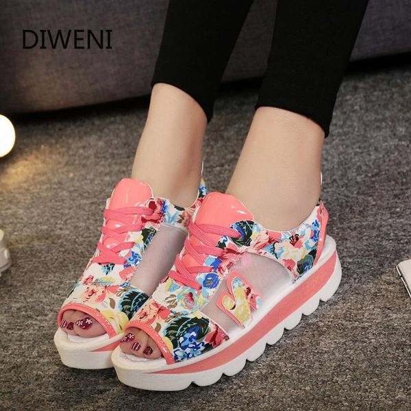 

dress shoes diweini 2021 style fish mouth wedge sandal summer platform lace up women's heel floral-print flats, Black