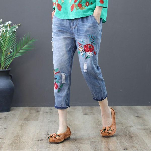 

women's jeans fashion high waist woman spring summer vintage washed harem denim pants boyfriend for women blue calf-length