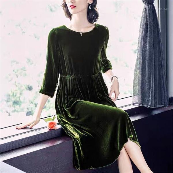 

casual dresses autumn winter 2021 fashion women's dress elegant vintage empire pleated velvet plus size midi vestidos -7xl, Black;gray